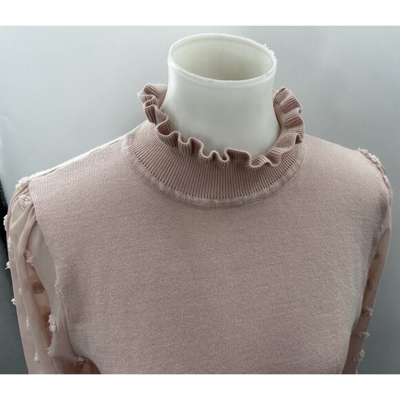 Adrianna Papell Clip Dot Sweater Blush Pink Sheer Sleeve Top M NWT - Picture 2 of 7